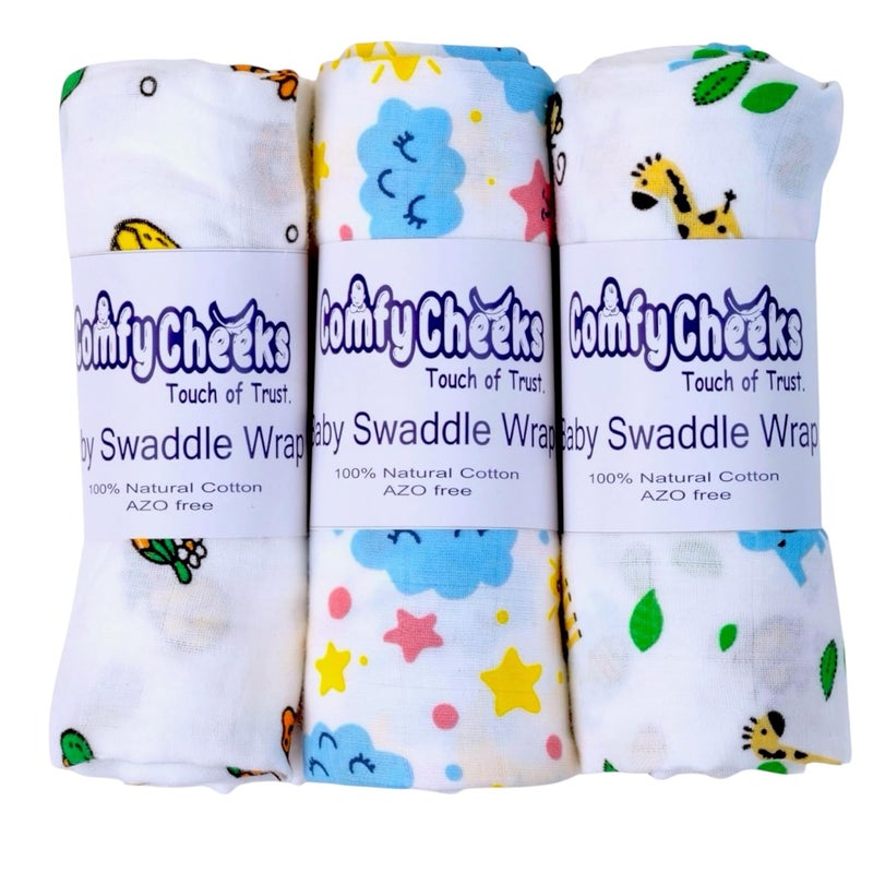 Comfy Cheeks 100% Cotton Muslin Baby Swaddle Set – Pack of 3 | Large 115x100 cm Mulmul Swaddle Wrap for Newborn to 18 Months | Soft Breathable Printed Baby Blanket & Towel - Image 1