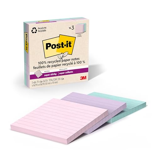 Post It Post-it 100% Recycled Paper Super Sticky Notes, 2X The Sticking Power, 4x4 in, Lined, 3 Pads, 70 Sheets/Pad, Wanderlust Pastels Collection (675R-3SSNRP) - Image 1