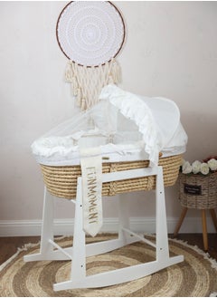 FUN MOMENT Moses Basket Bed with Wooden Rocking Stand White Color  - Image 1
