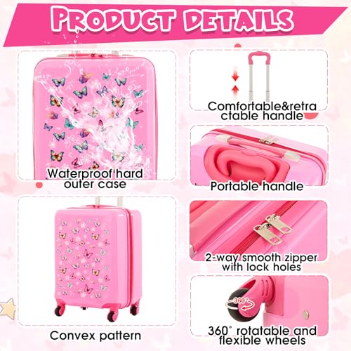 Sanwuta 4 Pcs Kids Luggage Set Kids Backpack Travel Rolling Suitcase with Wheels U-shape Pillow Childrens Gift for Girls Boys(17 Inch,Butterfly Style,Rose Pink) - Image 4