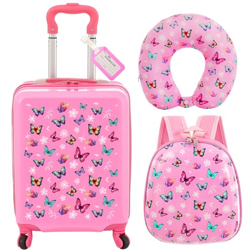 Sanwuta 4 Pcs Kids Luggage Set Kids Backpack Travel Rolling Suitcase with Wheels U-shape Pillow Childrens Gift for Girls Boys(17 Inch,Butterfly Style,Rose Pink) - Image 1
