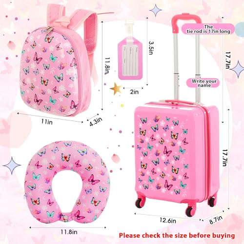 Sanwuta 4 Pcs Kids Luggage Set Kids Backpack Travel Rolling Suitcase with Wheels U-shape Pillow Childrens Gift for Girls Boys(17 Inch,Butterfly Style,Rose Pink) - Image 2