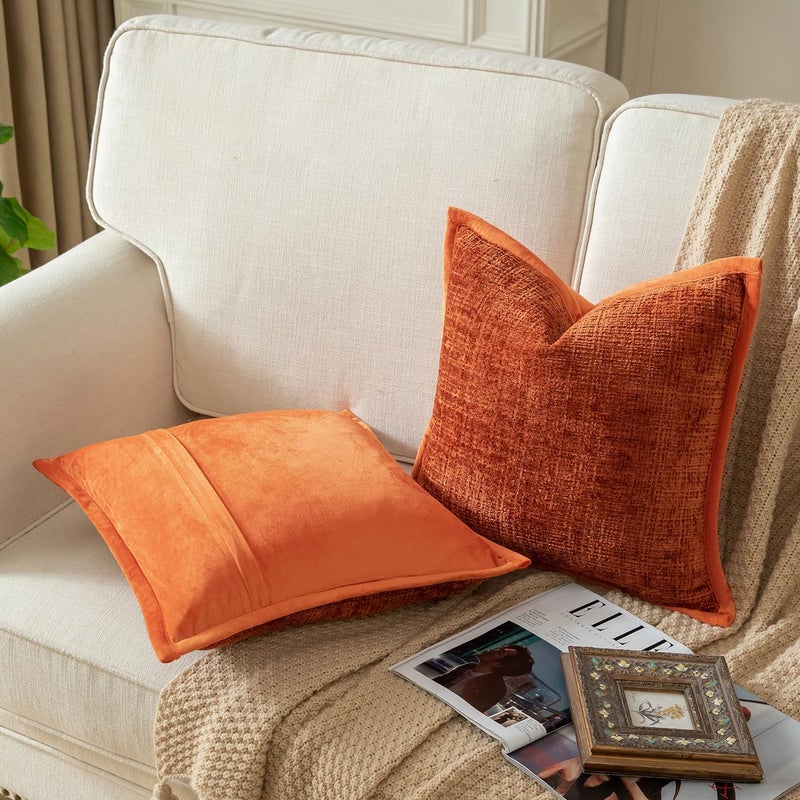 Yaertun Pack of 2 Chenille Textured Decorative Throw Pillow Covers Accent Solid Cushion Cover Soft Cozy Pillow Case with Velvet Back for Couch Sofa Bed Living Room 20x20 Inch Rust - Image 2