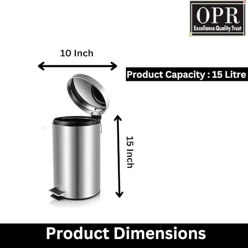 OPR Stainless Steel Round Pedal Dustbin with Soft Close Lid | Steel Dustbin For Home, Kitchen, Bathroom, Office And Washroom with plastic bucket (Silver, 15 Ltr)(big size) - Image 3