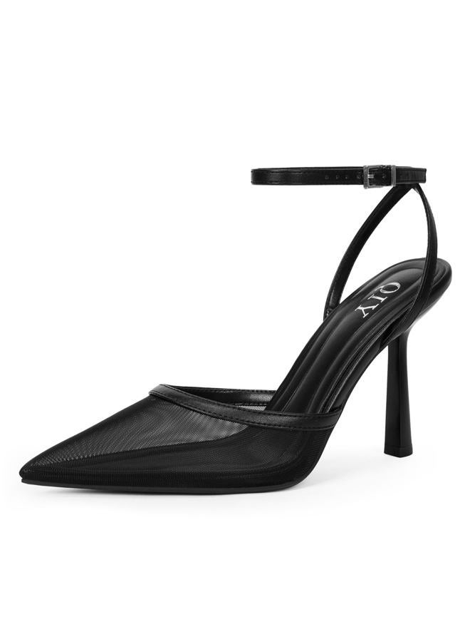 QIY Closed Toe Ankle Strap Heels Women Pumps Pointed Toe Heeled Sandals for Women Stiletto Wedding Dress Shoes, Black Mesh, 7.5 - Image 1