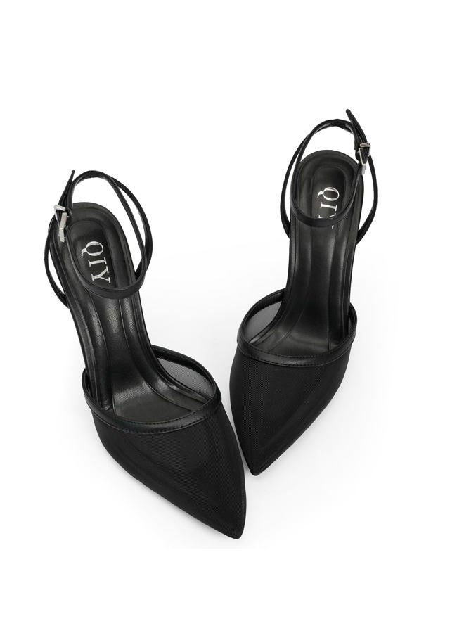 QIY Closed Toe Ankle Strap Heels Women Pumps Pointed Toe Heeled Sandals for Women Stiletto Wedding Dress Shoes, Black Mesh, 7.5 - Image 5