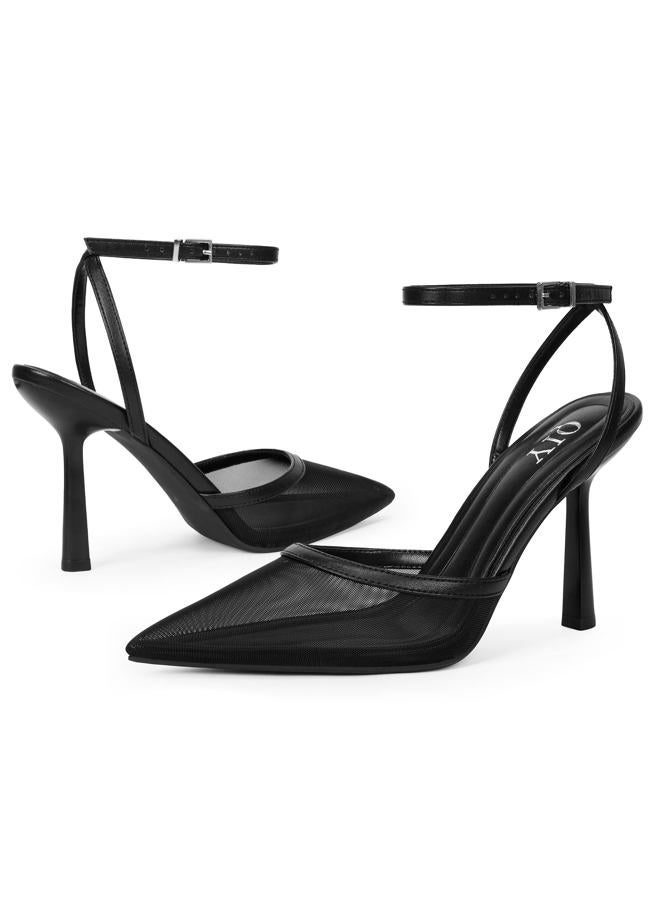 QIY Closed Toe Ankle Strap Heels Women Pumps Pointed Toe Heeled Sandals for Women Stiletto Wedding Dress Shoes, Black Mesh, 7.5 - Image 4