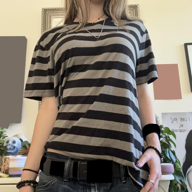 Foidiccx Grunge Shirt Y2k Women Graphic Gothic Short Sleeve Oversized Top Teen Girl Goth Punk Vintage Aesthetic Emo Baggy Tee (Gray Striped, S) - Image 2