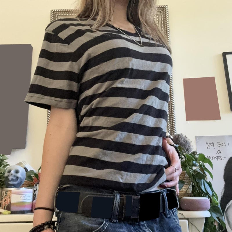 Foidiccx Grunge Shirt Y2k Women Graphic Gothic Short Sleeve Oversized Top Teen Girl Goth Punk Vintage Aesthetic Emo Baggy Tee (Gray Striped, S) - Image 3