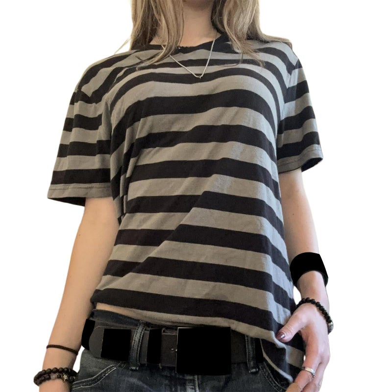 Foidiccx Grunge Shirt Y2k Women Graphic Gothic Short Sleeve Oversized Top Teen Girl Goth Punk Vintage Aesthetic Emo Baggy Tee (Gray Striped, S) - Image 1