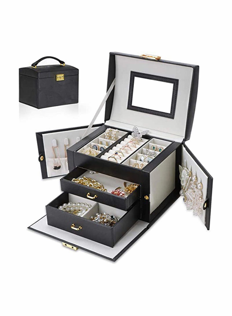 Compact PU Leather Jewellery Box with 2 Drawers and Built-in Mirror, Lockable Organizer for Small Jewelry, Perfect Gift for Women and Girls - Image 1