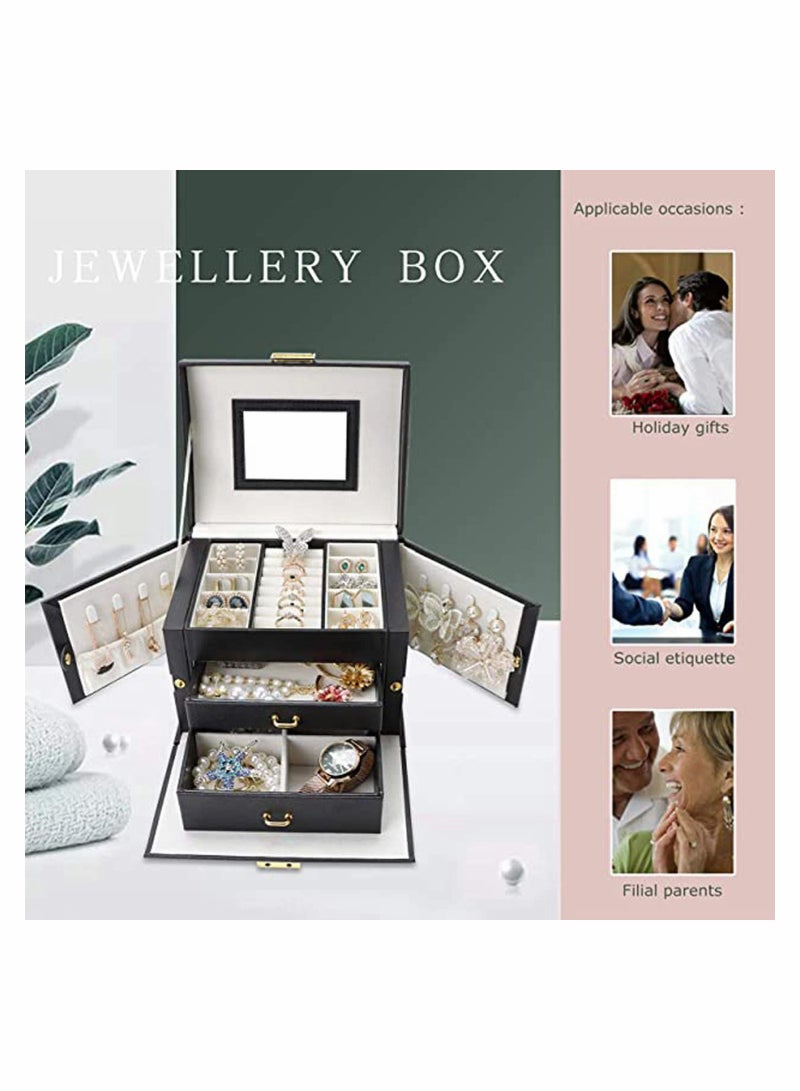 Compact PU Leather Jewellery Box with 2 Drawers and Built-in Mirror, Lockable Organizer for Small Jewelry, Perfect Gift for Women and Girls - Image 3