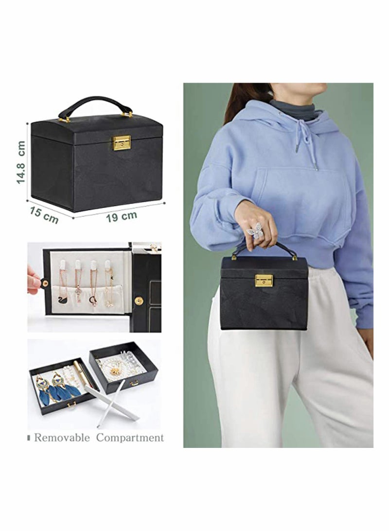 Compact PU Leather Jewellery Box with 2 Drawers and Built-in Mirror, Lockable Organizer for Small Jewelry, Perfect Gift for Women and Girls - Image 2