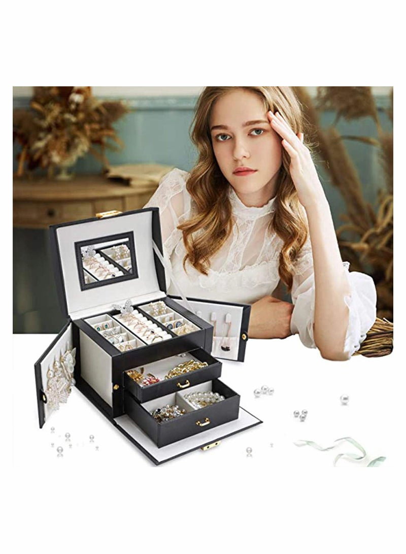 Compact PU Leather Jewellery Box with 2 Drawers and Built-in Mirror, Lockable Organizer for Small Jewelry, Perfect Gift for Women and Girls - Image 4