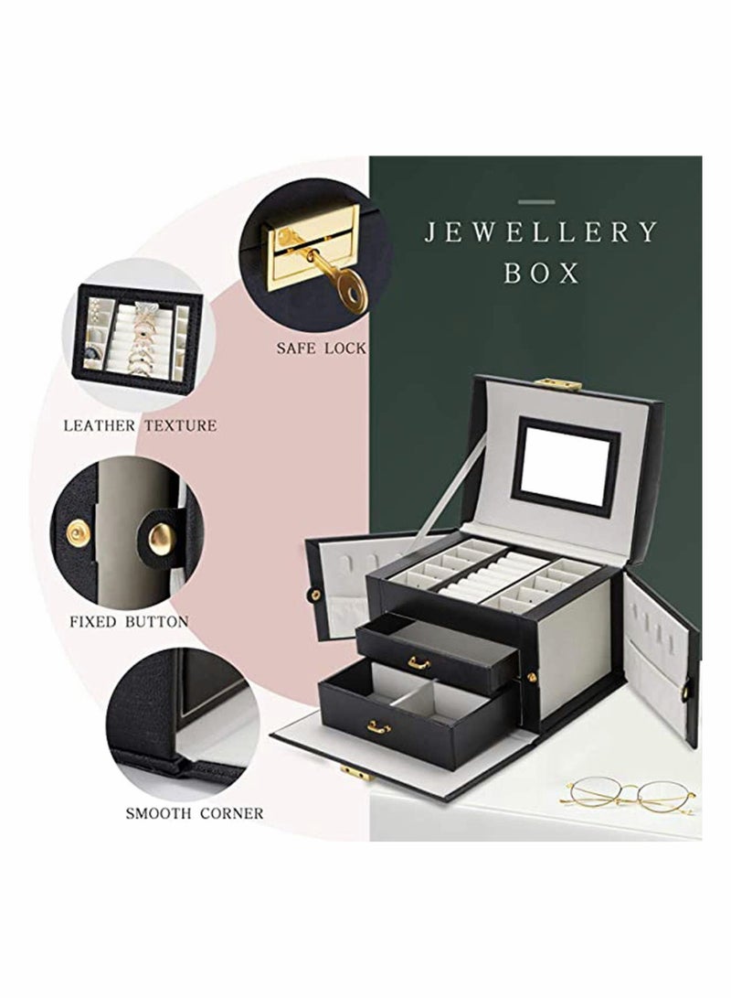 Compact PU Leather Jewellery Box with 2 Drawers and Built-in Mirror, Lockable Organizer for Small Jewelry, Perfect Gift for Women and Girls - Image 5