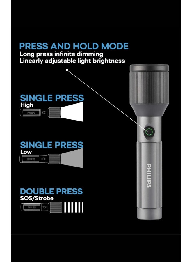 PHILIPS Rechargeable LED Flashlight 650 Lumens | 450m Long Range Torch | Aircraft Aluminium Body | 3000mAh Battery | USB Charging | Strobe & SOS Modes | SFL2243/56 grey - Image 4