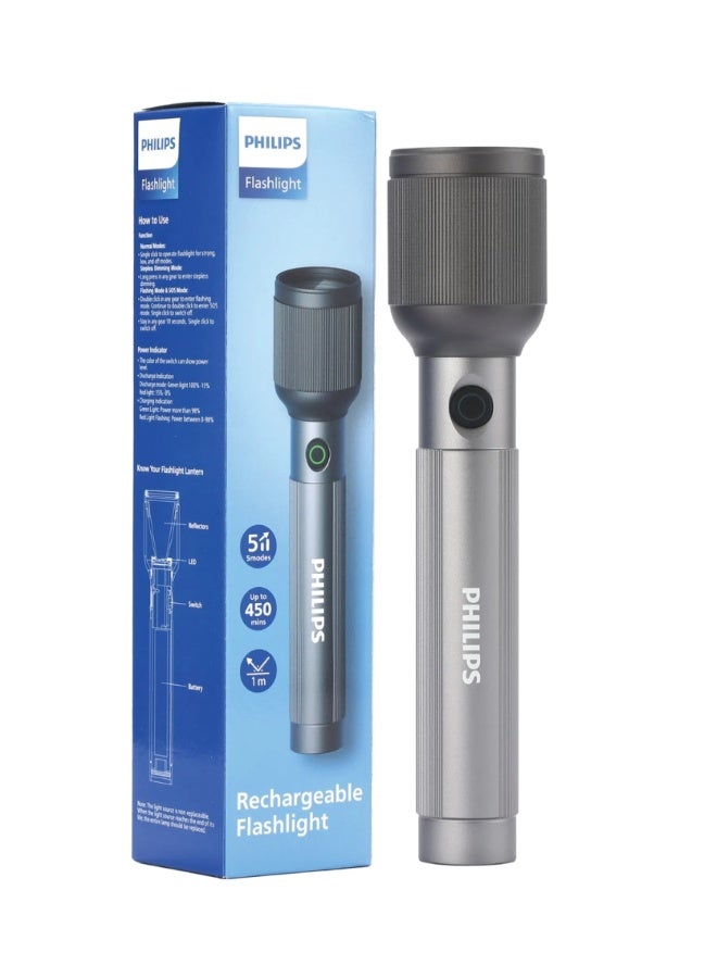 PHILIPS Rechargeable LED Flashlight 650 Lumens | 450m Long Range Torch | Aircraft Aluminium Body | 3000mAh Battery | USB Charging | Strobe & SOS Modes | SFL2243/56 grey - Image 1