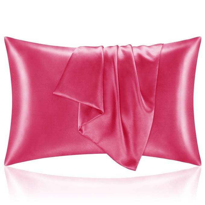 SATIN PILLOWCASE FOR HAIR AND SKIN SUPER SOFT AND COOLING SIMILAR TO SILK PILLOW CASES 2 PACK WITH ENVELOPE CLOSURE GIFT FOR WOMEN MEN20X30 QUEEN SIZE HOT PINK