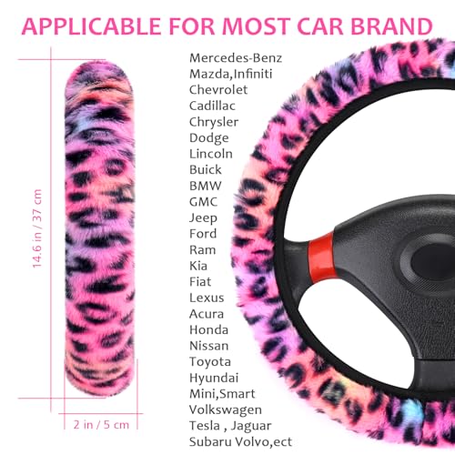 Accmor Fuzzy Car Steering Wheel Cover Universal Fit Fluffy Auto Wheel Cover Handbrake Cover Gear Shift Cover Set Leopard Print Car Steering Wheel Cover Protector for Women Girls Colorful - Image 3