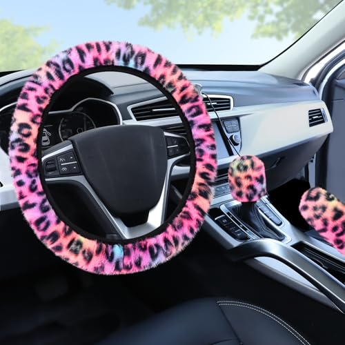 Accmor Fuzzy Car Steering Wheel Cover Universal Fit Fluffy Auto Wheel Cover Handbrake Cover Gear Shift Cover Set Leopard Print Car Steering Wheel Cover Protector for Women Girls Colorful - Image 1