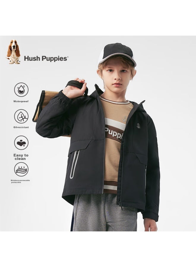 Hush Puppies Hush Puppies Boys' Triple-protection Breathable Jacket, Spring 2025 New Children's Hooded Warm Windbreaker, Diamond Black, Size 140  - Image 2