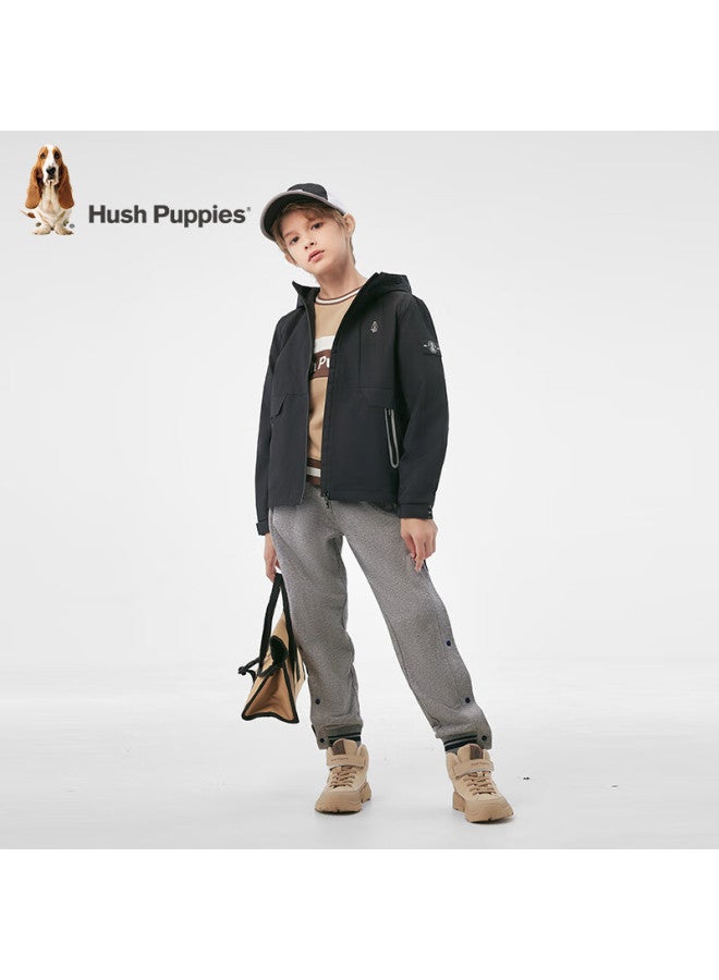 Hush Puppies Hush Puppies Boys' Triple-protection Breathable Jacket, Spring 2025 New Children's Hooded Warm Windbreaker, Diamond Black, Size 140  - Image 1