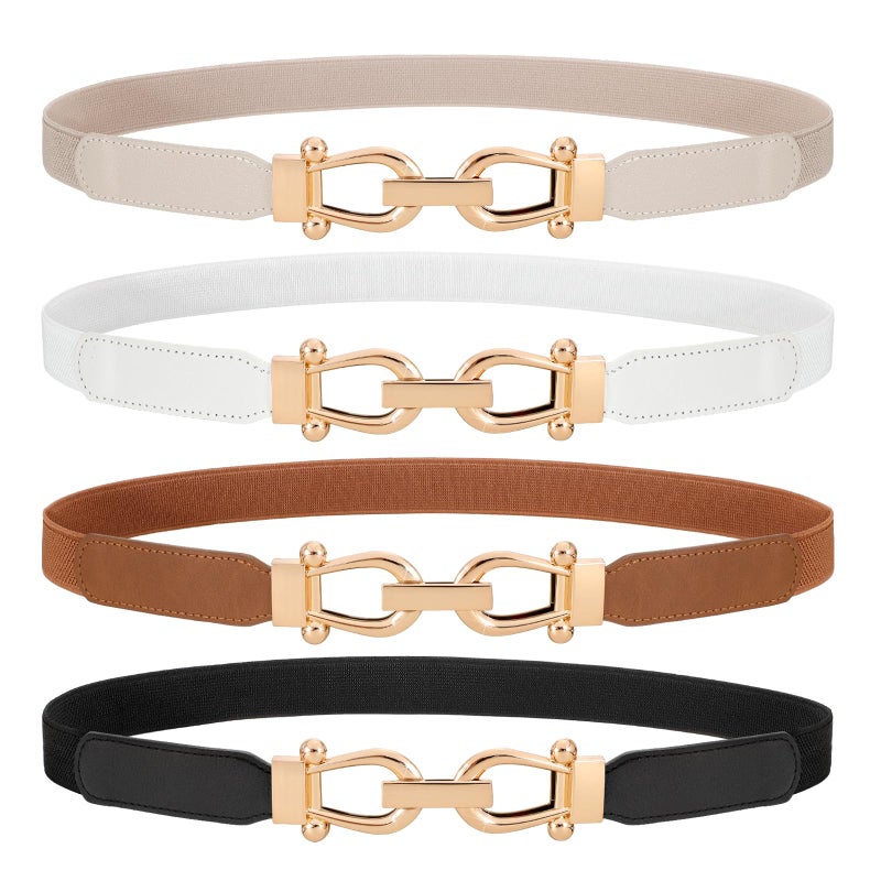 WERFORU 4 Pack Women Skinny Elastic Waist Belt Gold Buckle Stretchy Thin Belt for Jeans Dress - Image 1