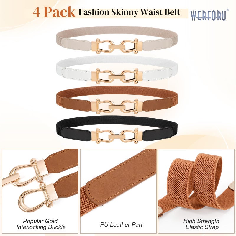 WERFORU 4 Pack Women Skinny Elastic Waist Belt Gold Buckle Stretchy Thin Belt for Jeans Dress - Image 3