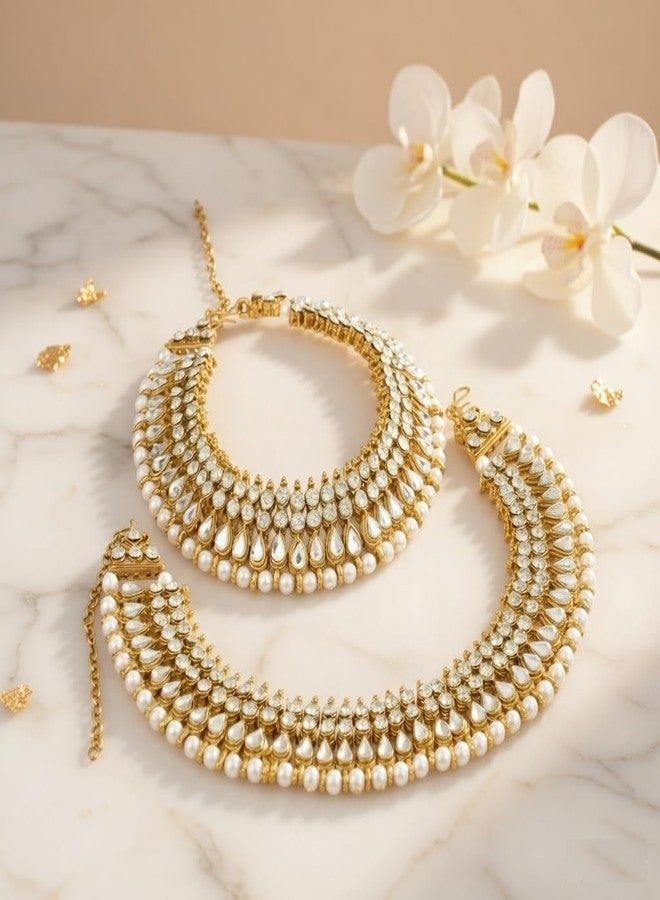 Efulgenz Indian Bridal Anklets for Women Indian Bollywood Anklet Crystal Rhinestone Faux Kundan Pearl Wedding Bridal Anklet Set Bracelet Payal Foot Jewelry - Image 2