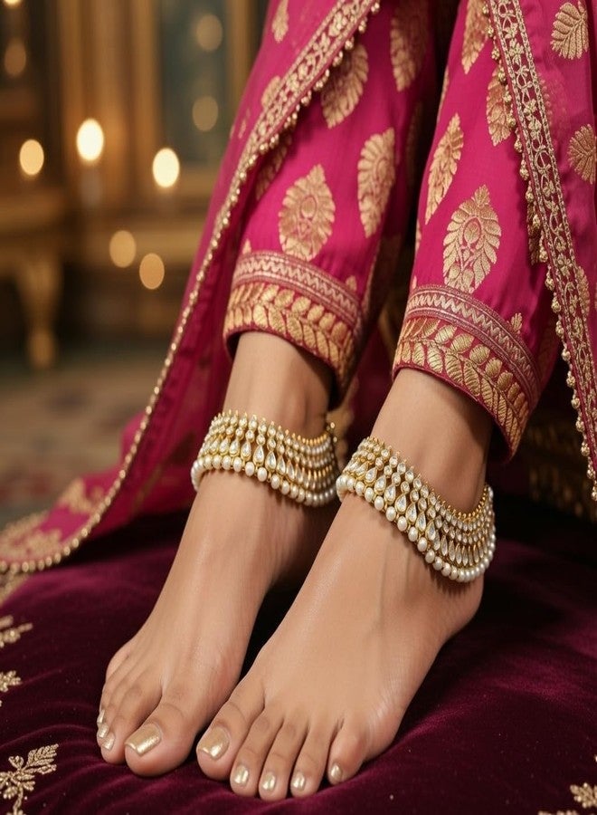 Efulgenz Indian Bridal Anklets for Women Indian Bollywood Anklet Crystal Rhinestone Faux Kundan Pearl Wedding Bridal Anklet Set Bracelet Payal Foot Jewelry - Image 4