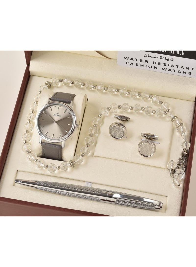MAN Men's waterproof leather watch with a cup, pen, rosary and a luxurious box
