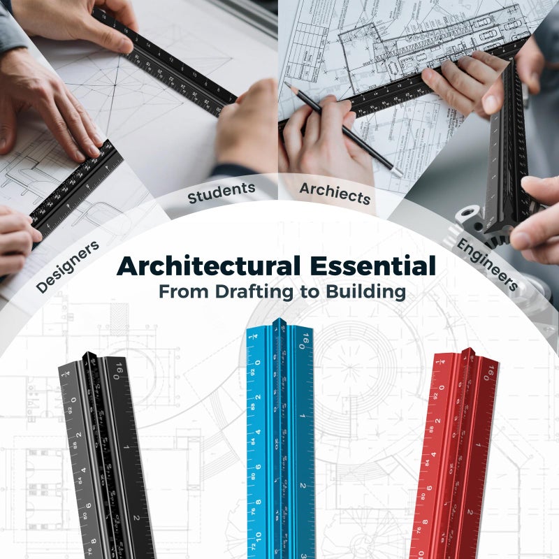 Rena Chris Architectural Scale Ruler: 12" Imperial Aluminum Alloy Metal Architecture Measuring Tools, Engineering Drafting Construction Drawing Blueprints Triangular Architect Scaling Rulers 12 Inches - Image 4