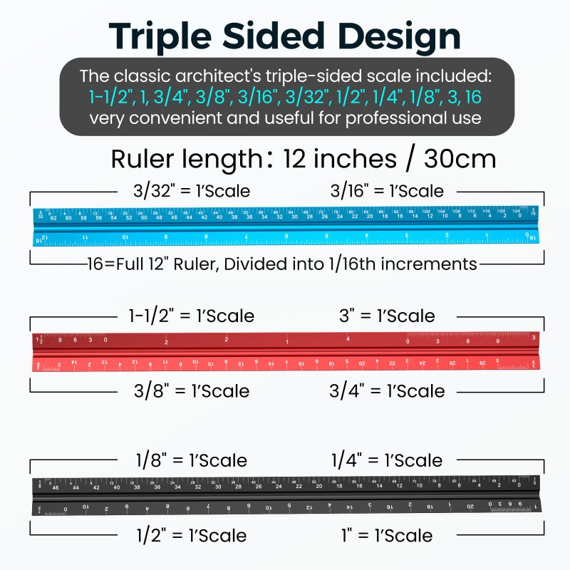 Rena Chris Architectural Scale Ruler: 12" Imperial Aluminum Alloy Metal Architecture Measuring Tools, Engineering Drafting Construction Drawing Blueprints Triangular Architect Scaling Rulers 12 Inches - Image 3