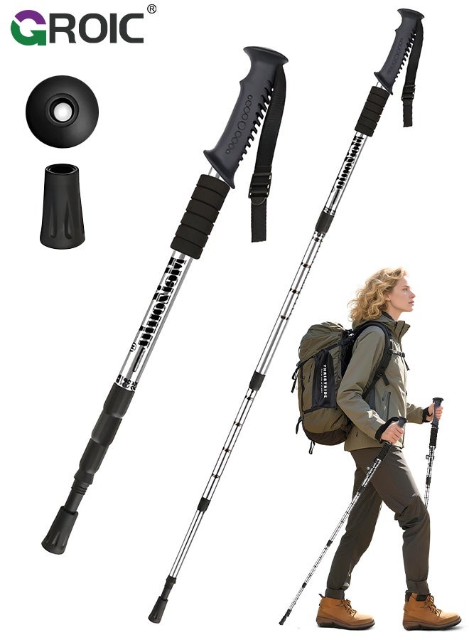 جرويك عصي المشي لمسافات طويلة 2 قطعة - عصي خفيفة الوزن من الألومنيوم 7075 للنساء والرجال وكبار السن - عصي مشي قابلة للطي للسفر والمشي لمسافات طويلة والتوازن - فضي - Image 1