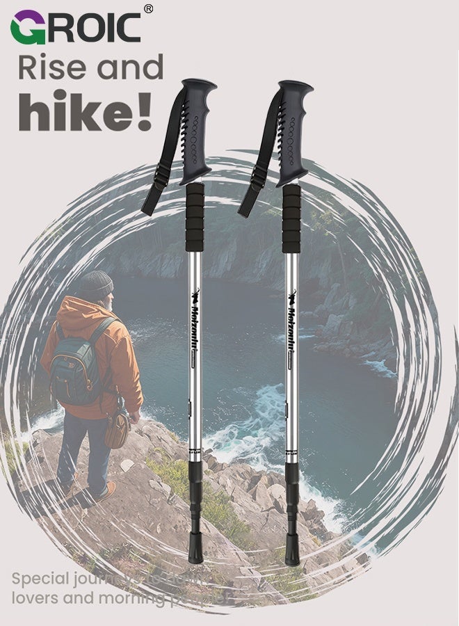 جرويك عصي المشي لمسافات طويلة 2 قطعة - عصي خفيفة الوزن من الألومنيوم 7075 للنساء والرجال وكبار السن - عصي مشي قابلة للطي للسفر والمشي لمسافات طويلة والتوازن - فضي - Image 3