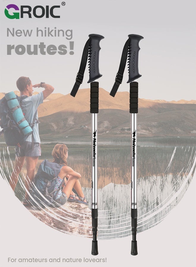 جرويك عصي المشي لمسافات طويلة 2 قطعة - عصي خفيفة الوزن من الألومنيوم 7075 للنساء والرجال وكبار السن - عصي مشي قابلة للطي للسفر والمشي لمسافات طويلة والتوازن - فضي - Image 2