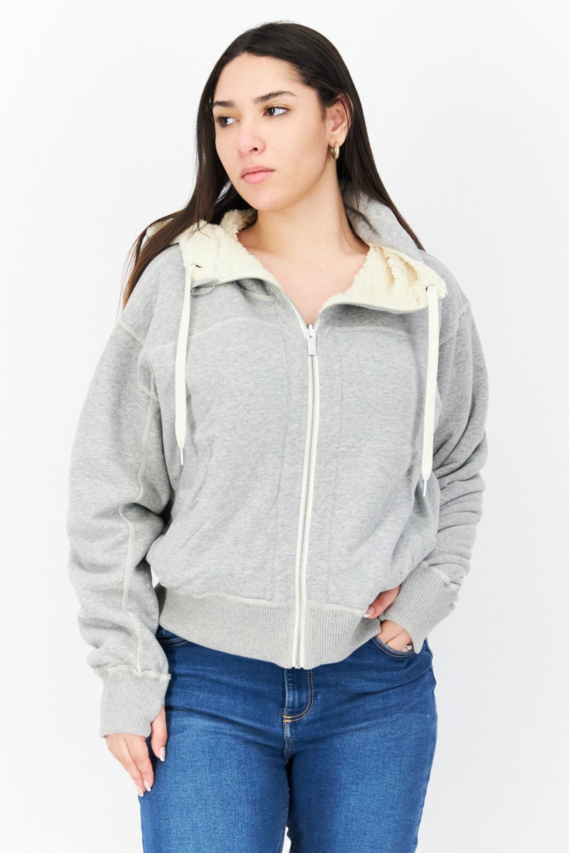 Marc New York Women Hooded Long Sleeve Textured Full Zip Jacket, Ivory - Image 1