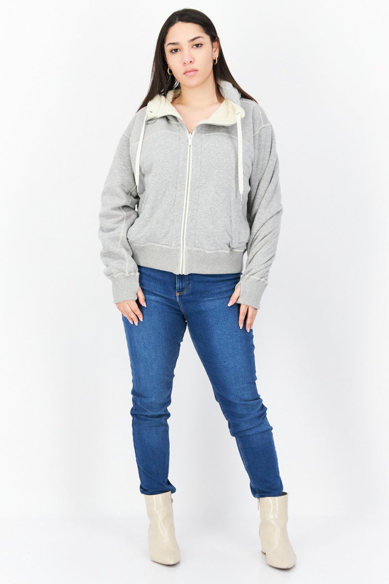 Marc New York Women Hooded Long Sleeve Textured Full Zip Jacket, Ivory - Image 3