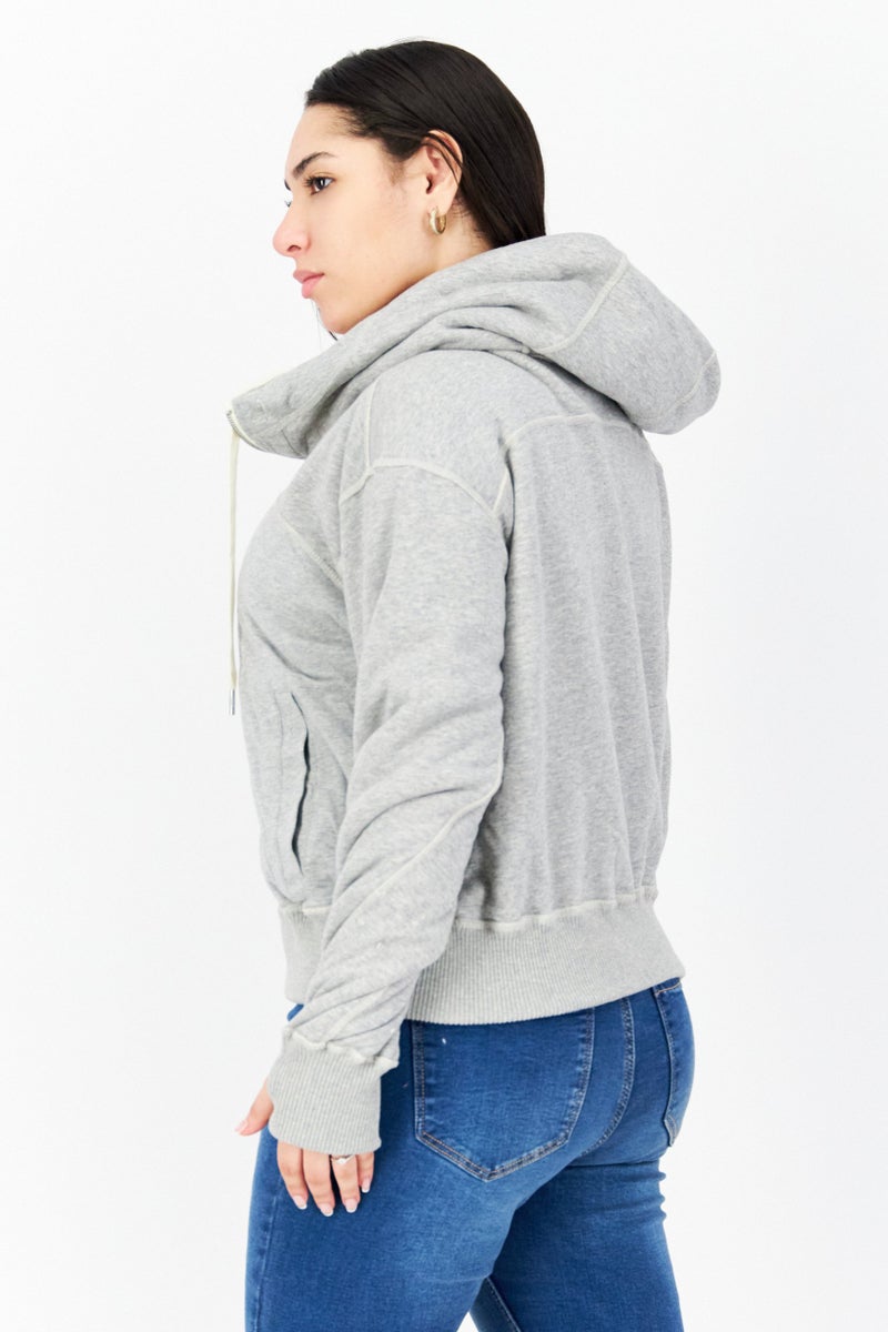 Marc New York Women Hooded Long Sleeve Textured Full Zip Jacket, Ivory - Image 4