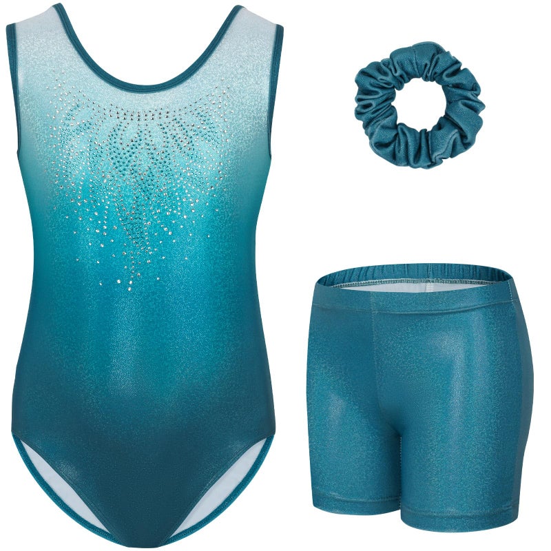Gogokids Gymnastics Leotards for Girls Sparkly Rhinestone Dance Unitards Biketards with Shorts Activewear, Blue-green, 5-6 Years - Image 1