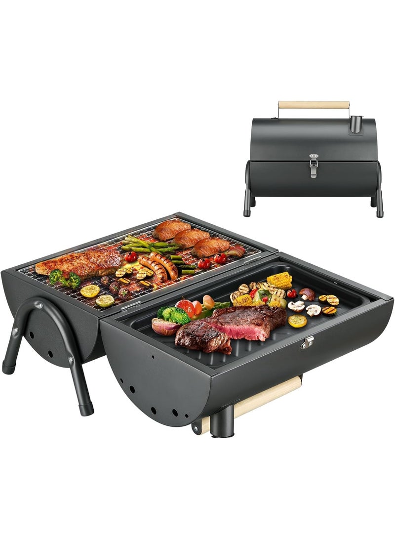 سوفام 2 في 1 شواية الشواء المحمولة، الفحم المنزلي شواية بلا دخان، شواء القلي والشواية، شواية شواء صغيرة قابلة للطي في الهواء الطلق، مناسبة للطهي في الهواء الطلق، التخييم، النزهة، النزهة وحفلة الشاطئ. - Image 1