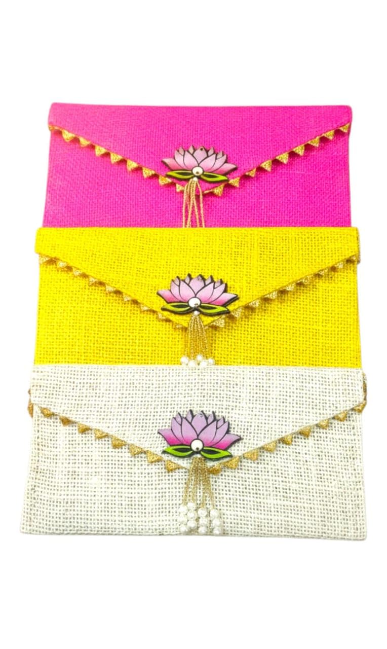 KOOGLY Jute Shagun Envelope for Money and Shagun Envelopes for Wedding,Birthday,Gifting For Birthdays and Functions | Multicolor|Pack of 3| - Image 1