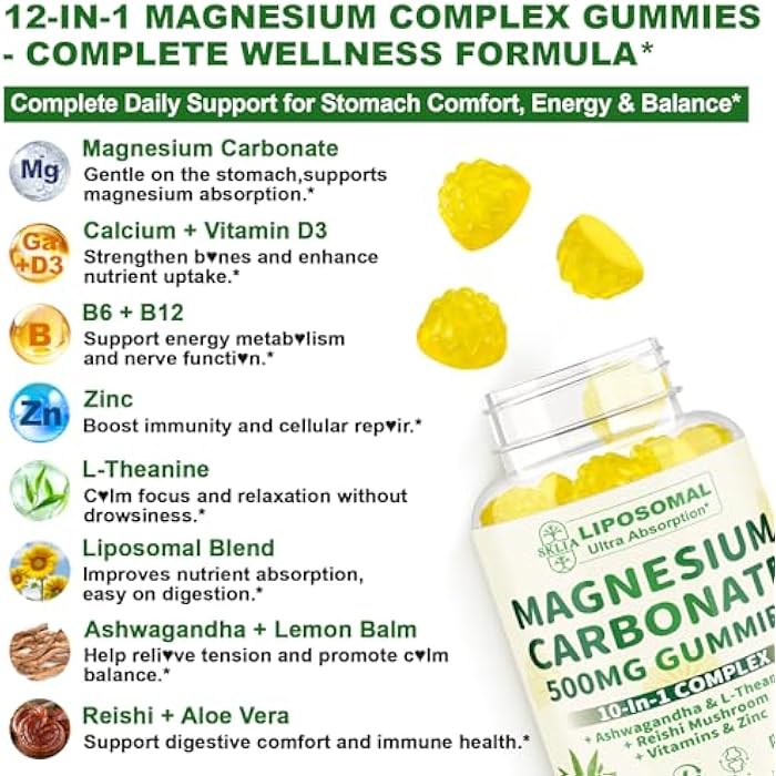 SKLIA Liposomal Magnesium Carbonate Gummies 500 mg — Magnesium Supplement with Ashwagandha, L-Theanine, Calcium & Vitamin D3 for Muscle & Nerve Support, Sugar-Free Vegan Pineapple Flavor (60 Count) 2P - Image 5