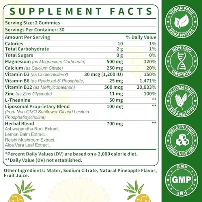 SKLIA Liposomal Magnesium Carbonate Gummies 500 mg — Magnesium Supplement with Ashwagandha, L-Theanine, Calcium & Vitamin D3 for Muscle & Nerve Support, Sugar-Free Vegan Pineapple Flavor (60 Count) 2P - Image 2