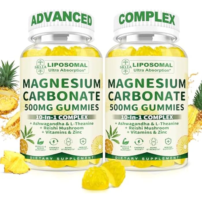SKLIA Liposomal Magnesium Carbonate Gummies 500 mg — Magnesium Supplement with Ashwagandha, L-Theanine, Calcium & Vitamin D3 for Muscle & Nerve Support, Sugar-Free Vegan Pineapple Flavor (60 Count) 2P - Image 1