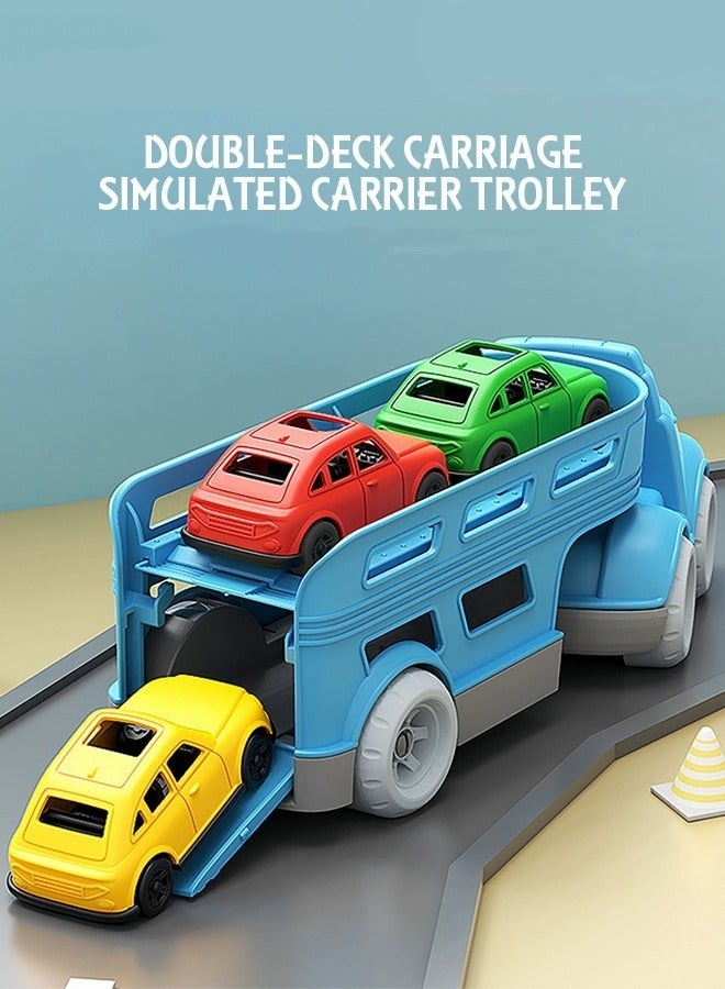 ميكسد شاحنة حاملة ذات طابقين زرقاء مع مجموعة ألعاب 3 سيارات للأطفال مع لعبة حمل مقلدة منزلق لهدايا الأولاد والبنات - Image 3