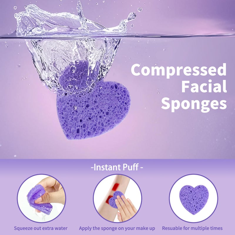 derloyo 100-Count Compressed Facial Sponges, Heart Shape Face Sponge for Cleansing, Natural Cosmetic Spa Sponges for Facial Cleansing, Exfoliating Mask (Purple Heart Sponges) - Image 2