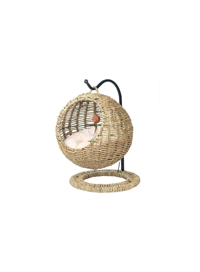 أرجوحة للقطط الأليفة من العشب الطبيعي مصنوعة يدويًا سلة مستديرة لأرجوحة القطط الصغيرة وسرير الروطان وأرجوحة رائعة للقطط - Image 1