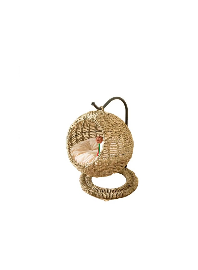 أرجوحة للقطط الأليفة من العشب الطبيعي مصنوعة يدويًا سلة مستديرة لأرجوحة القطط الصغيرة وسرير الروطان وأرجوحة رائعة للقطط - Image 5