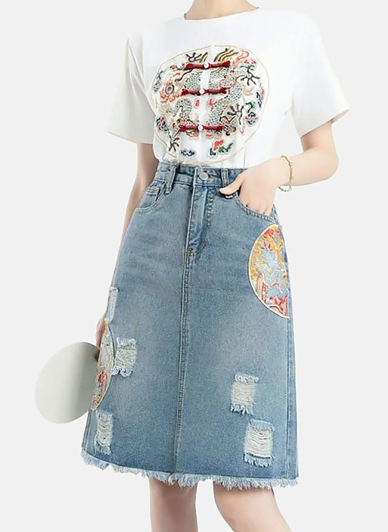 يونيكي Blue A-Line Printed Midi Skirt